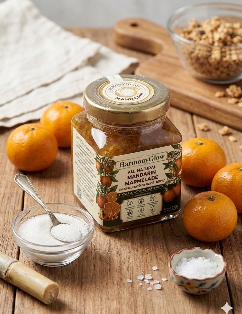 Mandarin jam jar surrounded by fresh mandarins