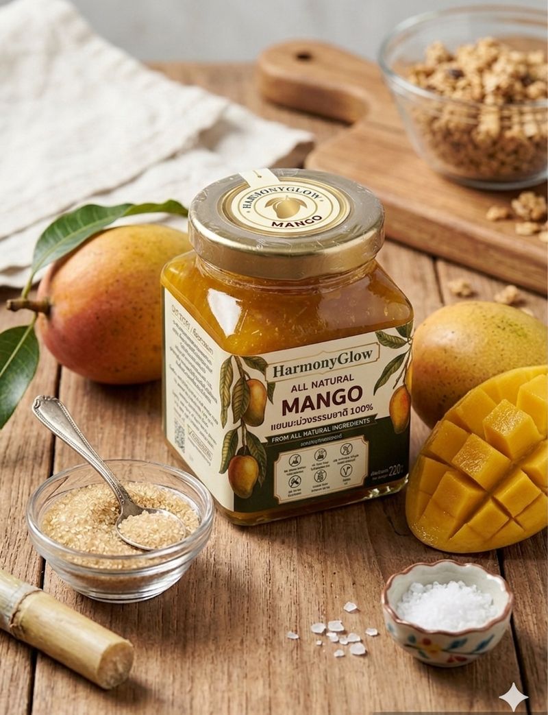 HarmonyGlow mango jam jar with fresh mangoes