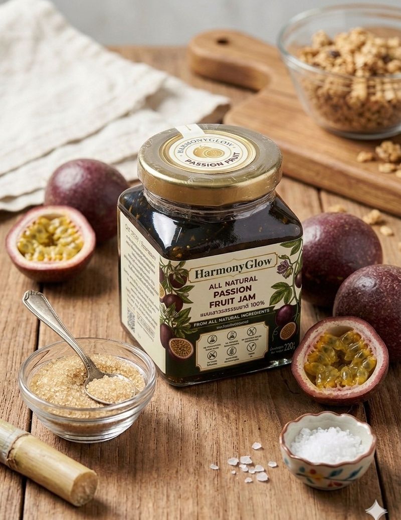 Passion fruit jam jar with fresh passion fruit