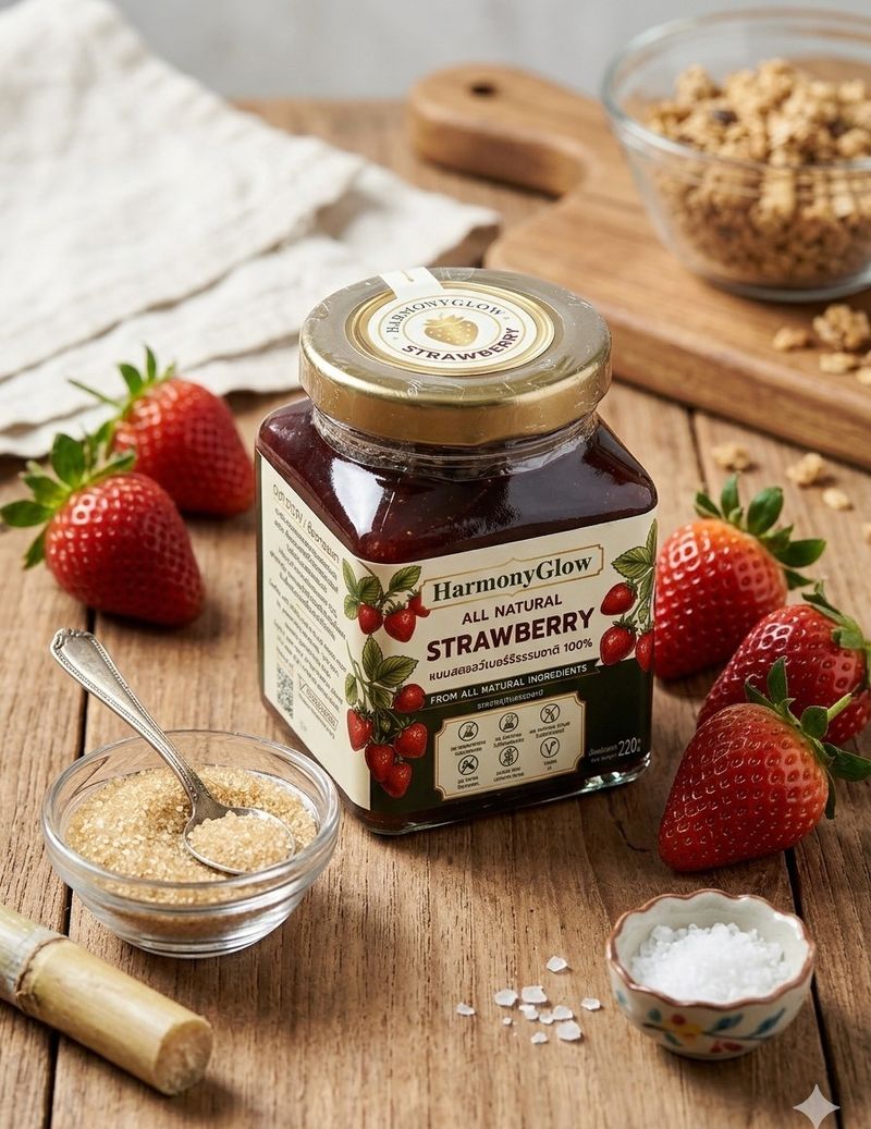 Strawberry jam jar with fresh strawberries